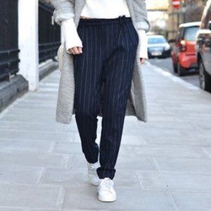 MANGO navy blue striped straight leg trousers